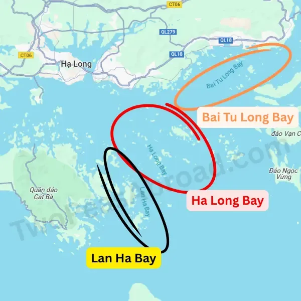 Map comparing Ha Long Bay, Lan Ha Bay, and Bai Tu Long Bay cruise areas