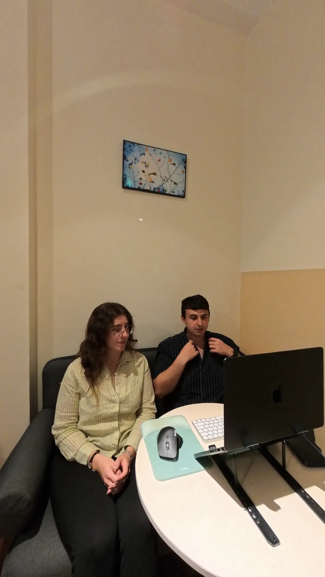 Liam and Sarah on a Google Meet design consult with VMan Tailor before the trip