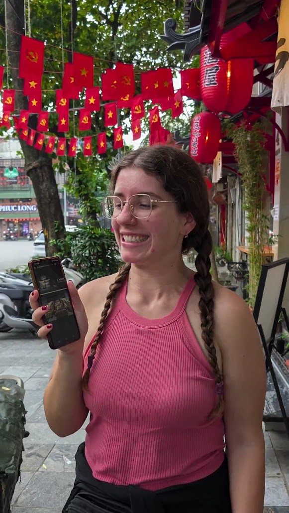 Sarah using mobile data in Hanoi, Vietnam